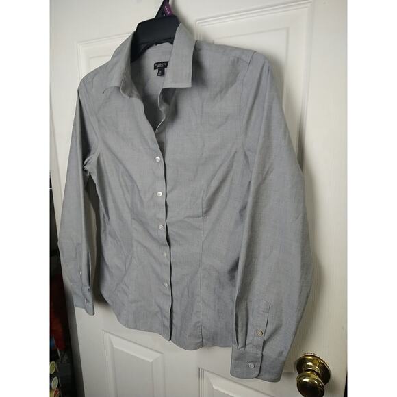 Talbots Woman 10 Shirt fitted Grey V Neck Collared Button Prof Core Long Sleeve - Picture 2 of 8